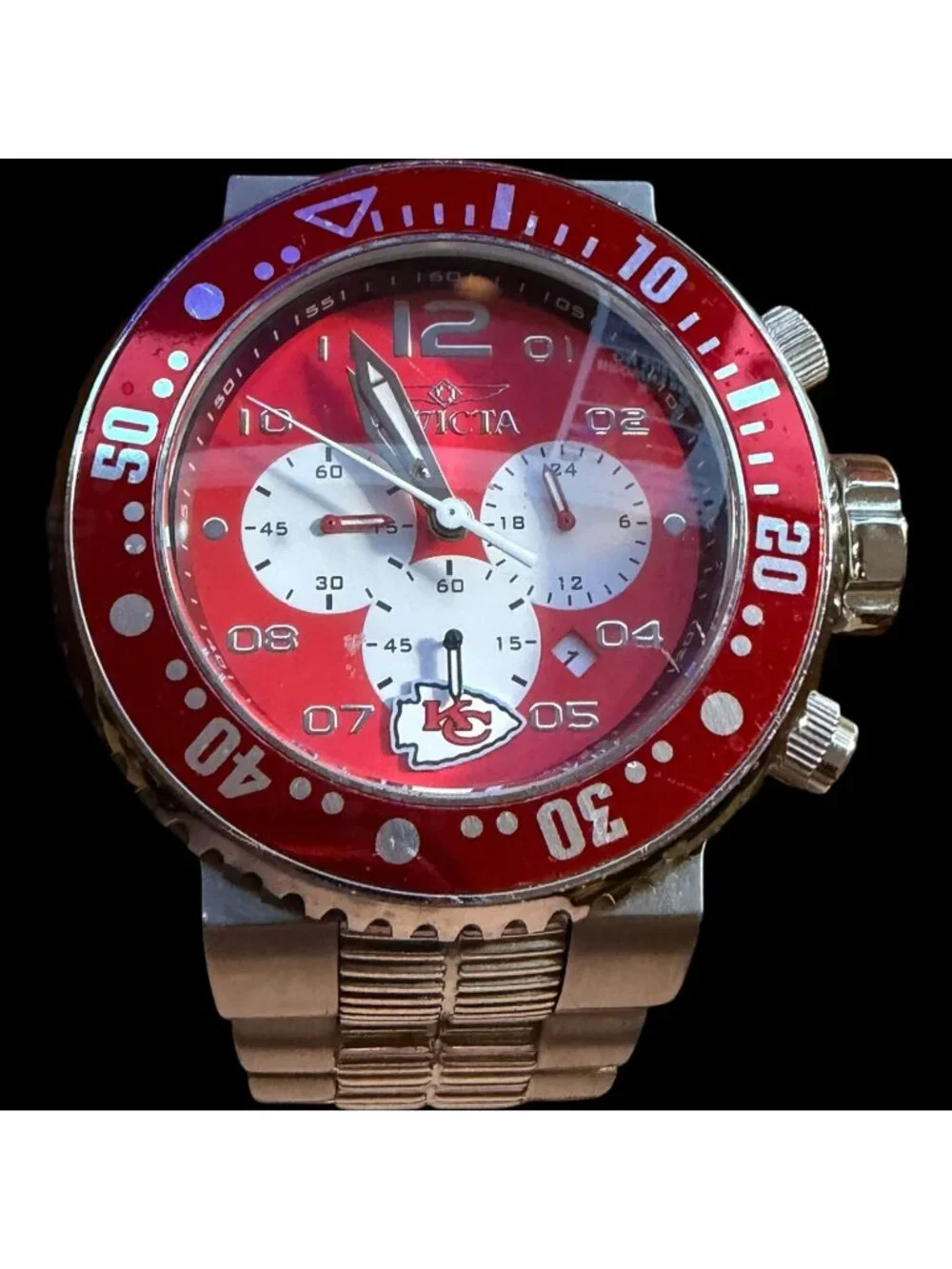 Invicta Mens Chronograph Watch Red Dial Stainless Steel Kansas City Chiefs Logo